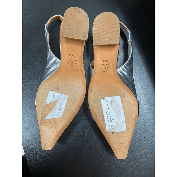 Tory Burch Silver Leather Sadie Slingback Flats Size 6.5, MSRP $295 - Picture 10 of 11